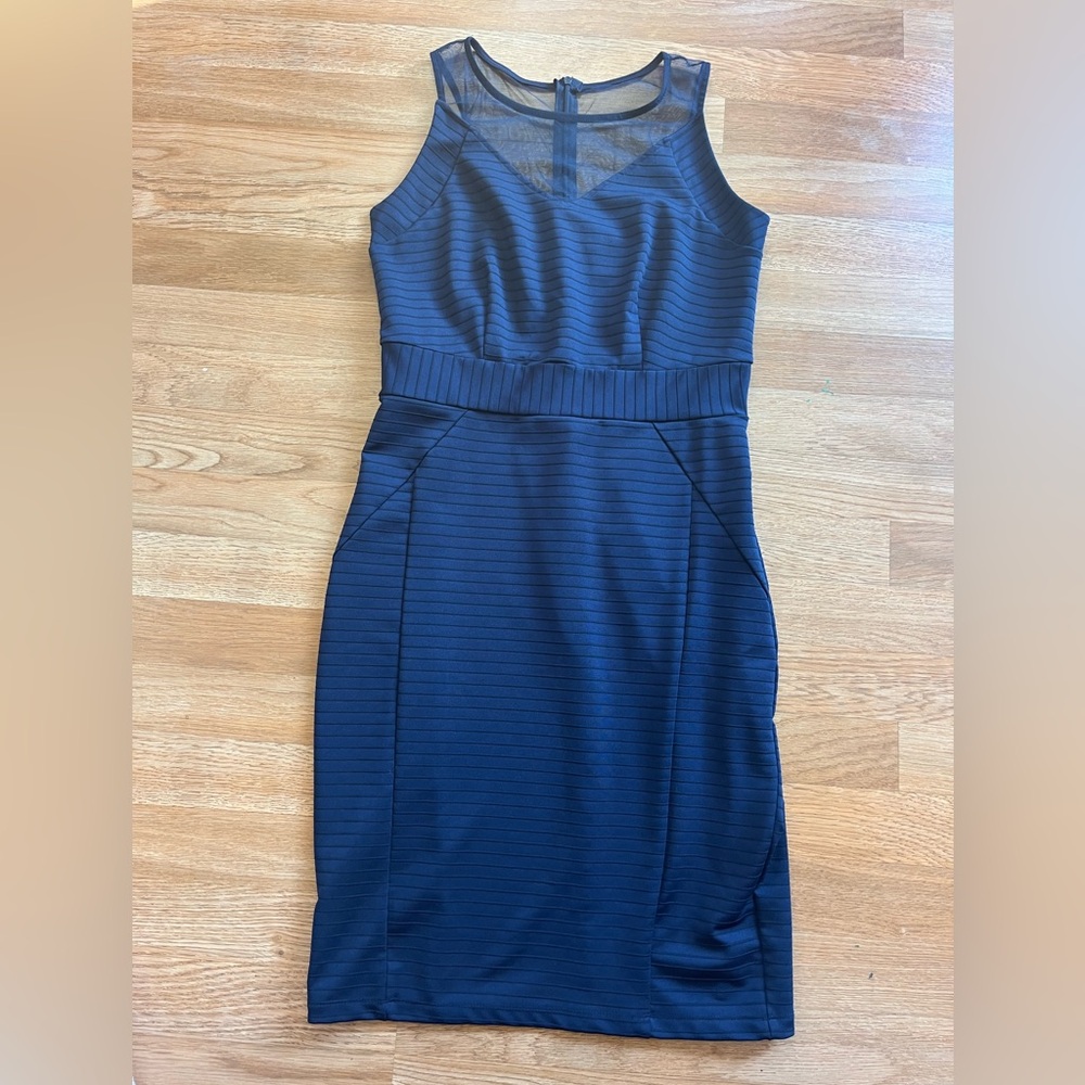 Candalite Sleeveless Sheath Dress Mesh Top Ribbed Navy Blue Sleeveless Medium